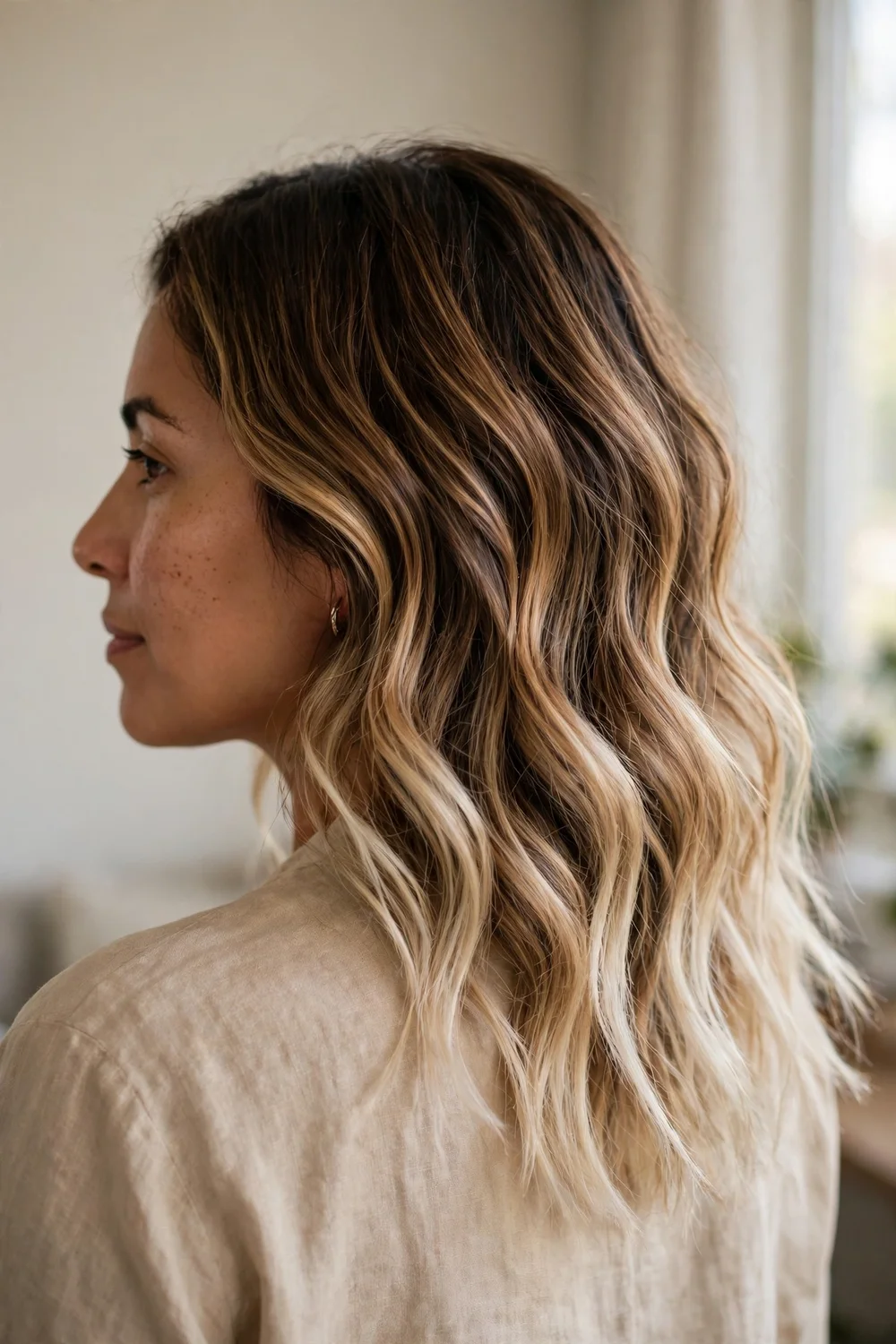 Caramel balayage with brighter bleached ends on wavy medium hair