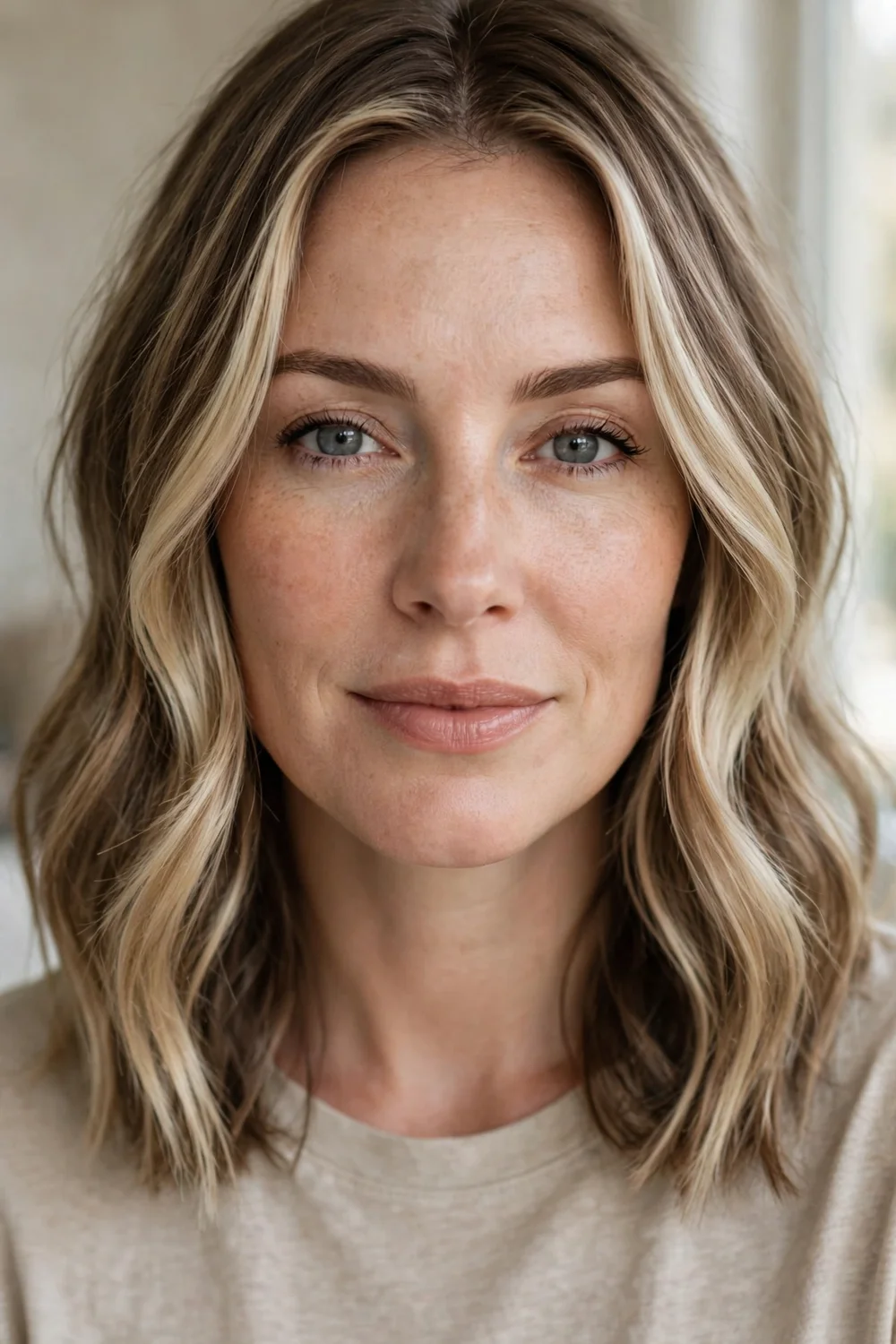 Bronde balayage with bright money piece highlights framing the face
