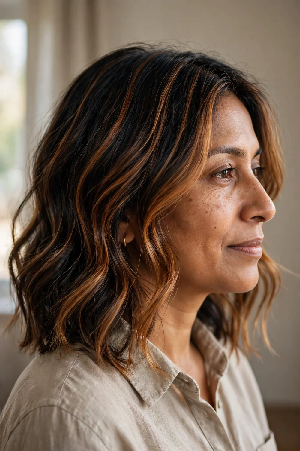 Bronze partial balayage on dark medium-length hair