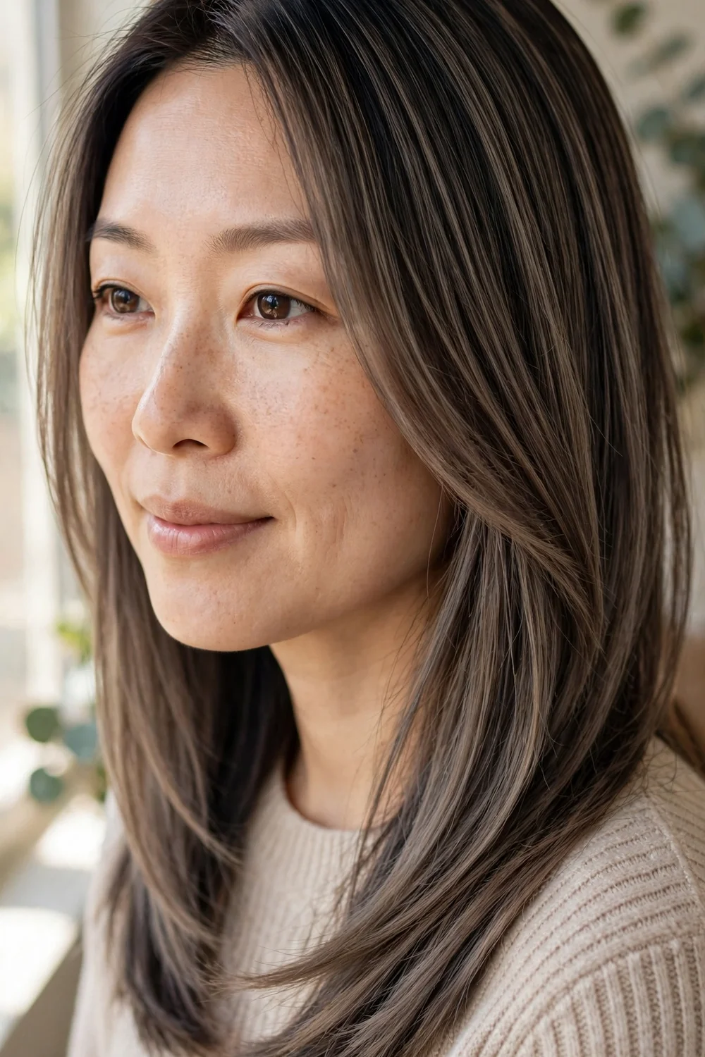 Cool ash brown balayage on sleek straight medium-length hair