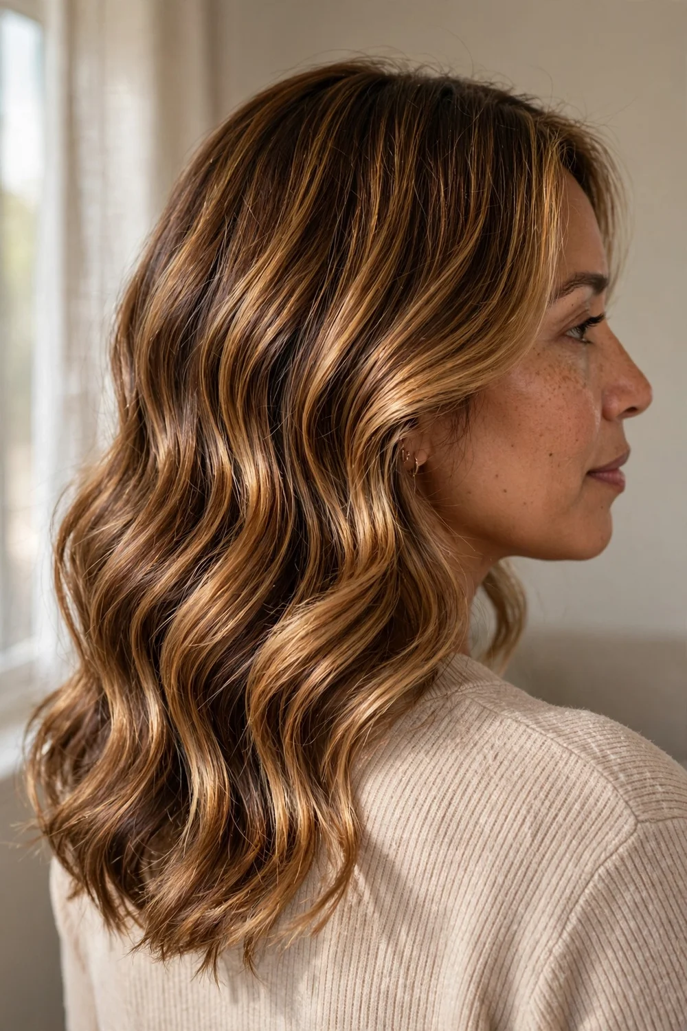 Shiny honey-toned balayage highlights on wavy medium-length hair