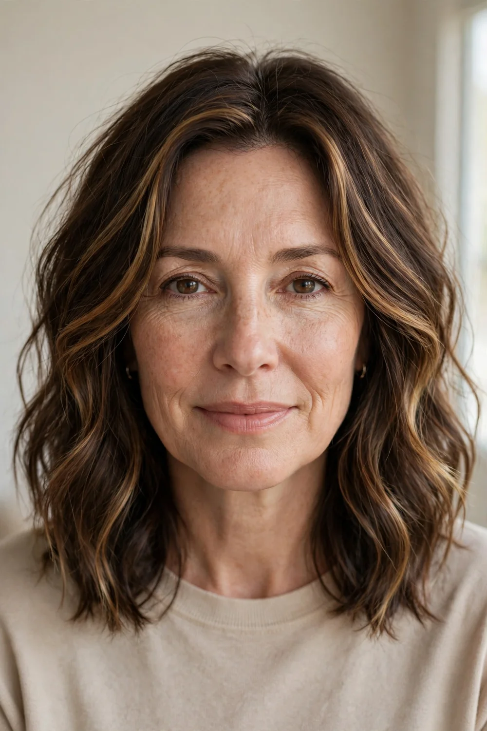 Partial caramel highlights adding dimension to brunette medium hair