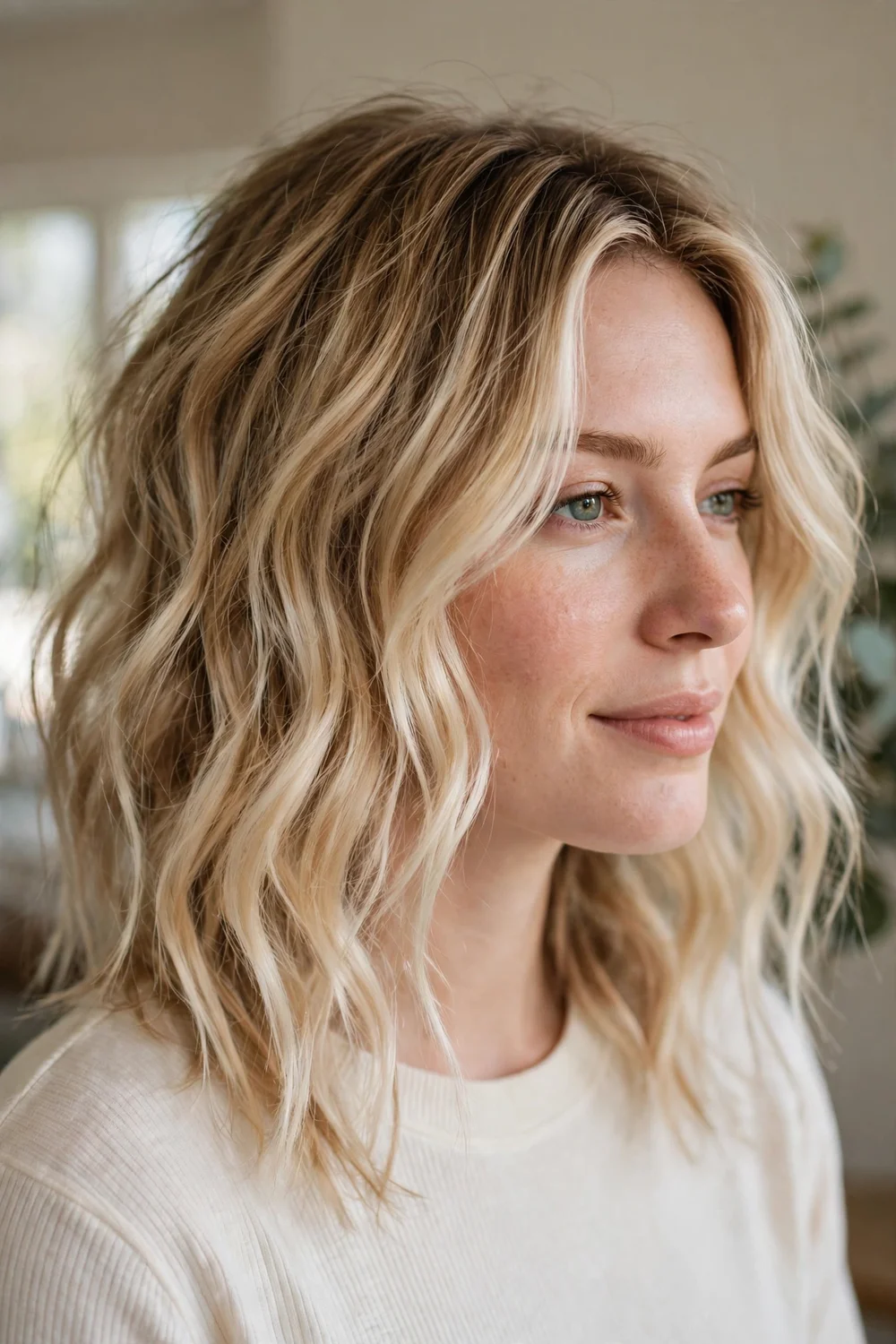 Bleach blonde balayage with honey roots on tousled medium-length waves