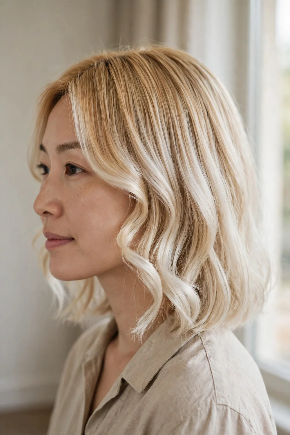Blonde to white balayage blend on a straight medium-length lob