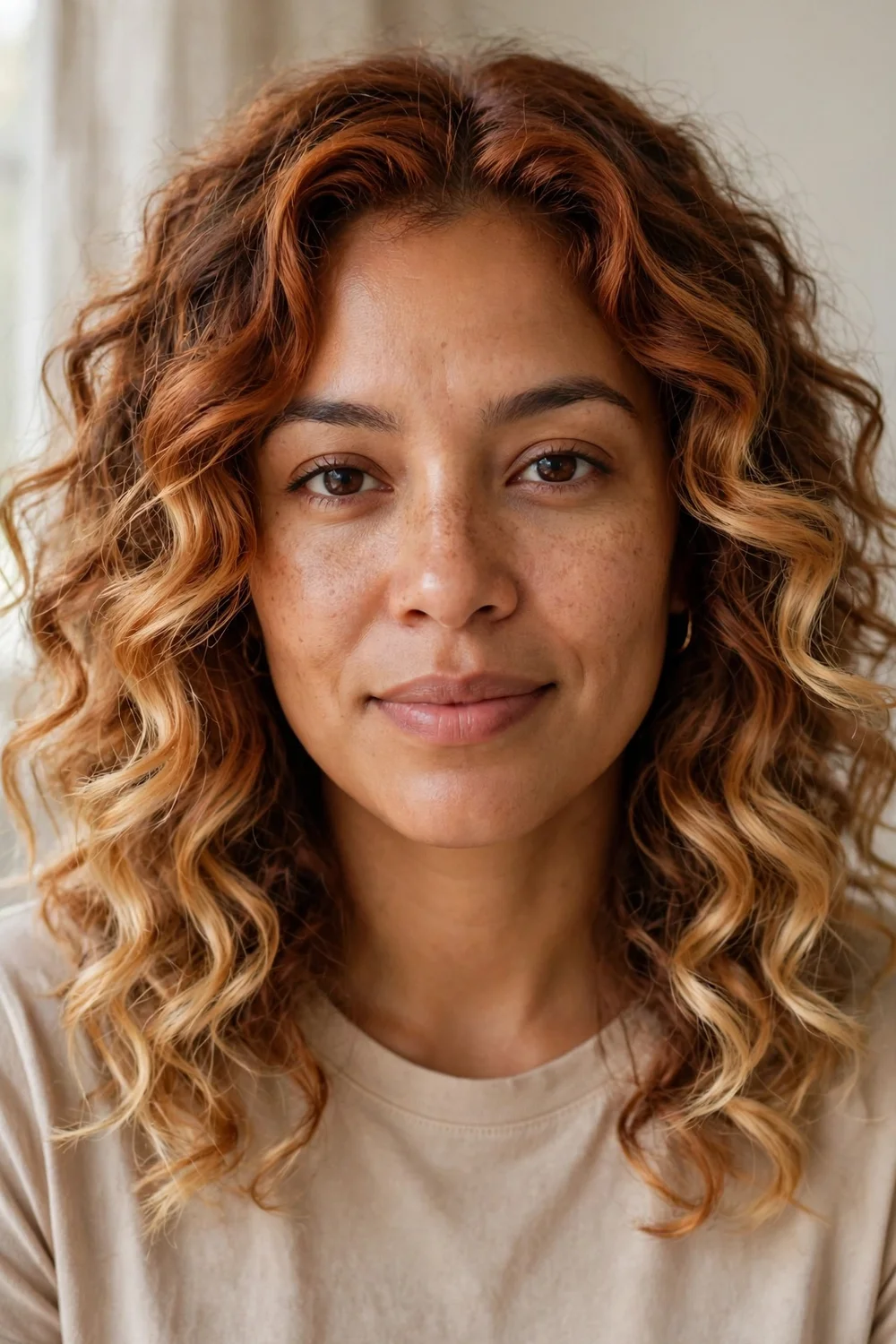 Copper to blonde balayage on curly medium-length hair