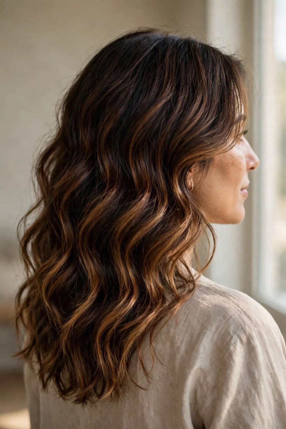 Chocolate brown roots melting into caramel ends on thick wavy medium hair