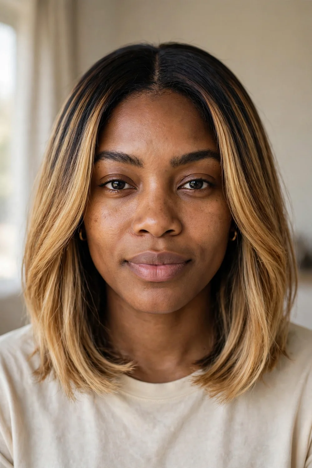 Black roots melting into warm blonde balayage on a medium-length bob