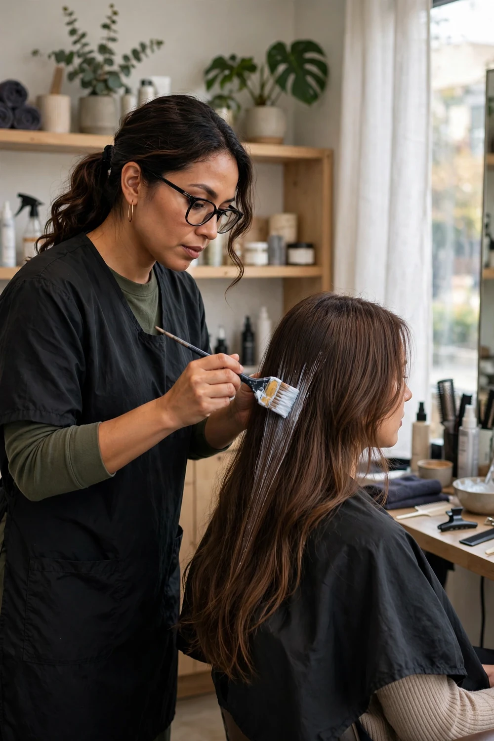 Colorist hand-painting balayage onto a woman's hair in a salon