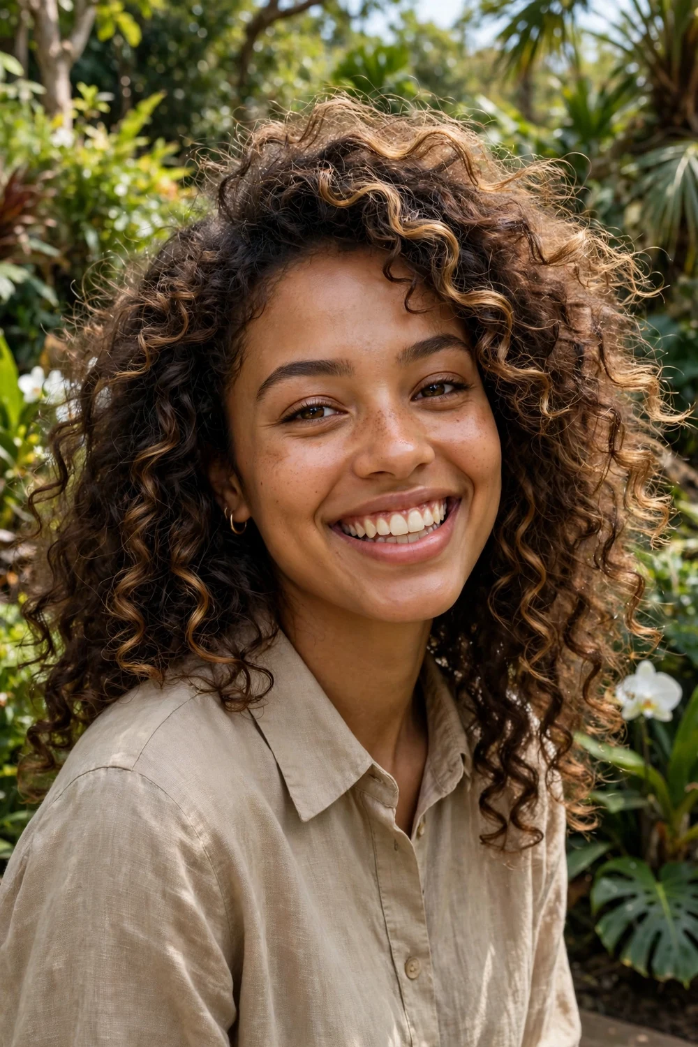 Woman with balayage swept through her natural curls
