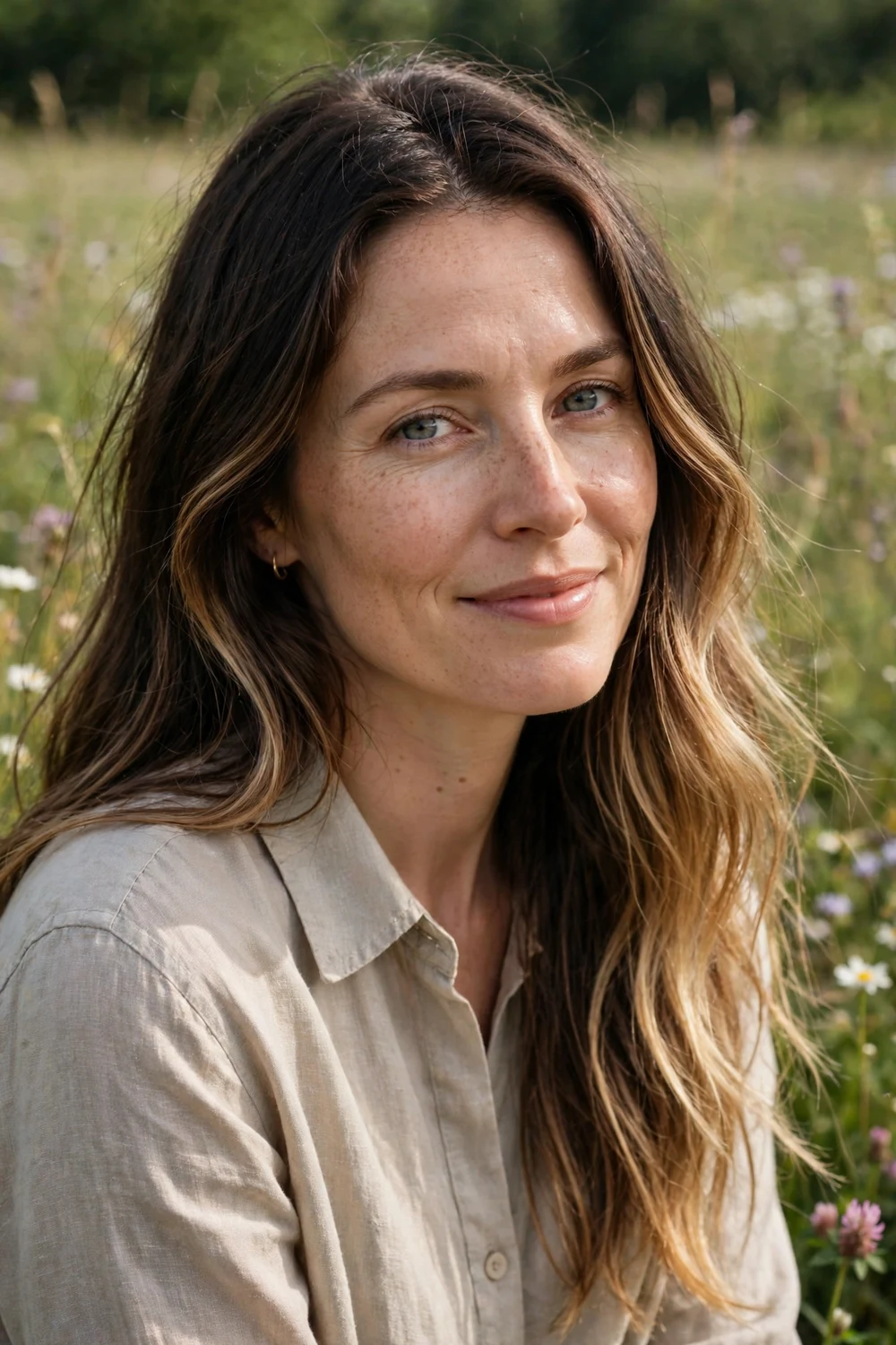 Brunette woman with sun-kissed hand-painted balayage