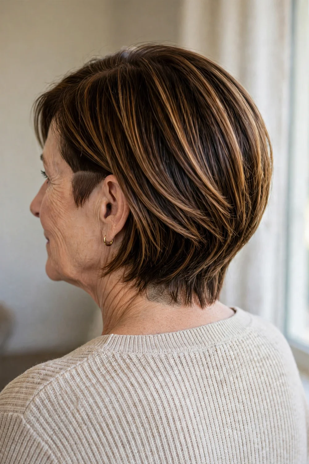 56-year-old woman with caramel balayage undercut layers, back three-quarter view