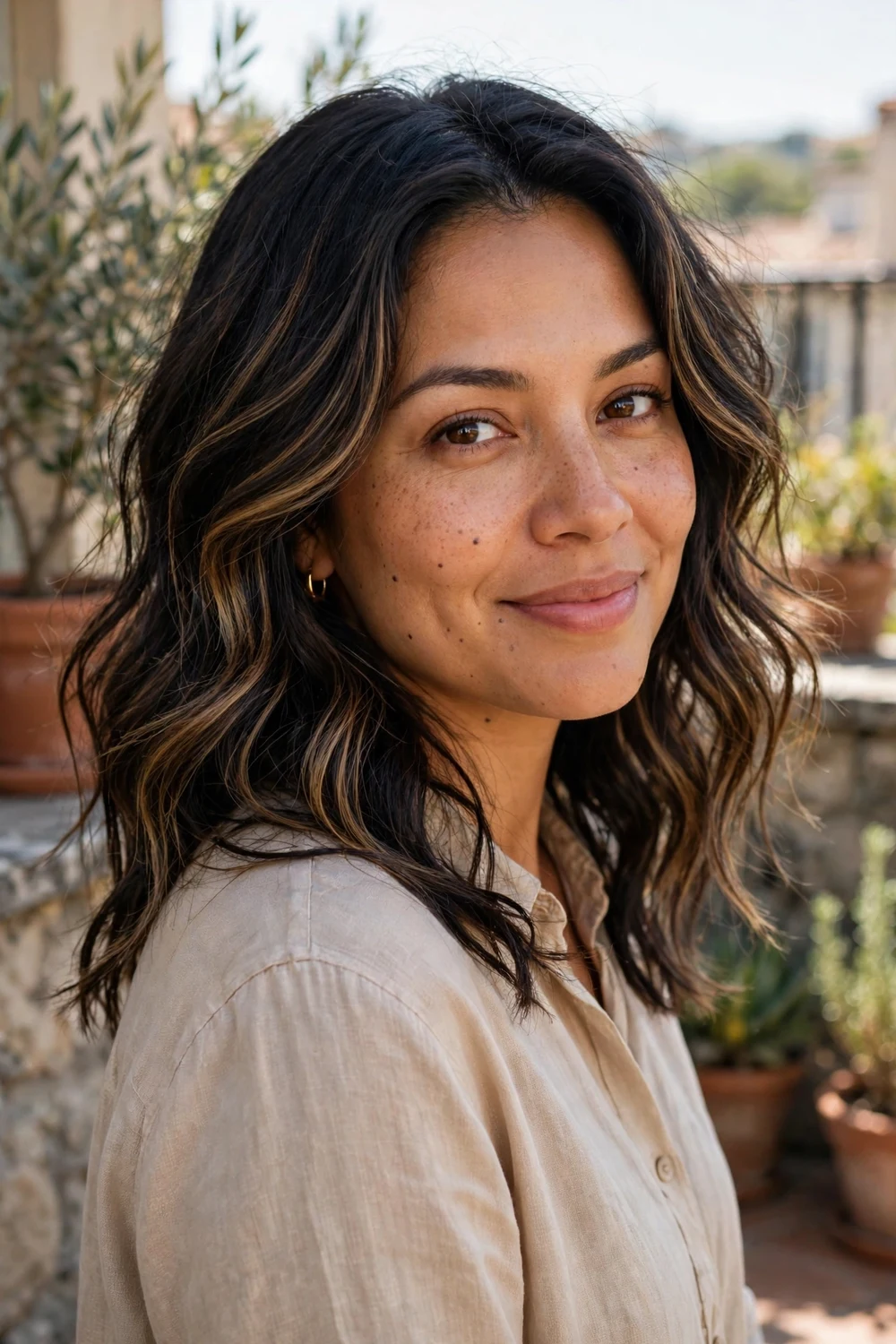 Woman with dimensional color showing balayage blending on dark hair