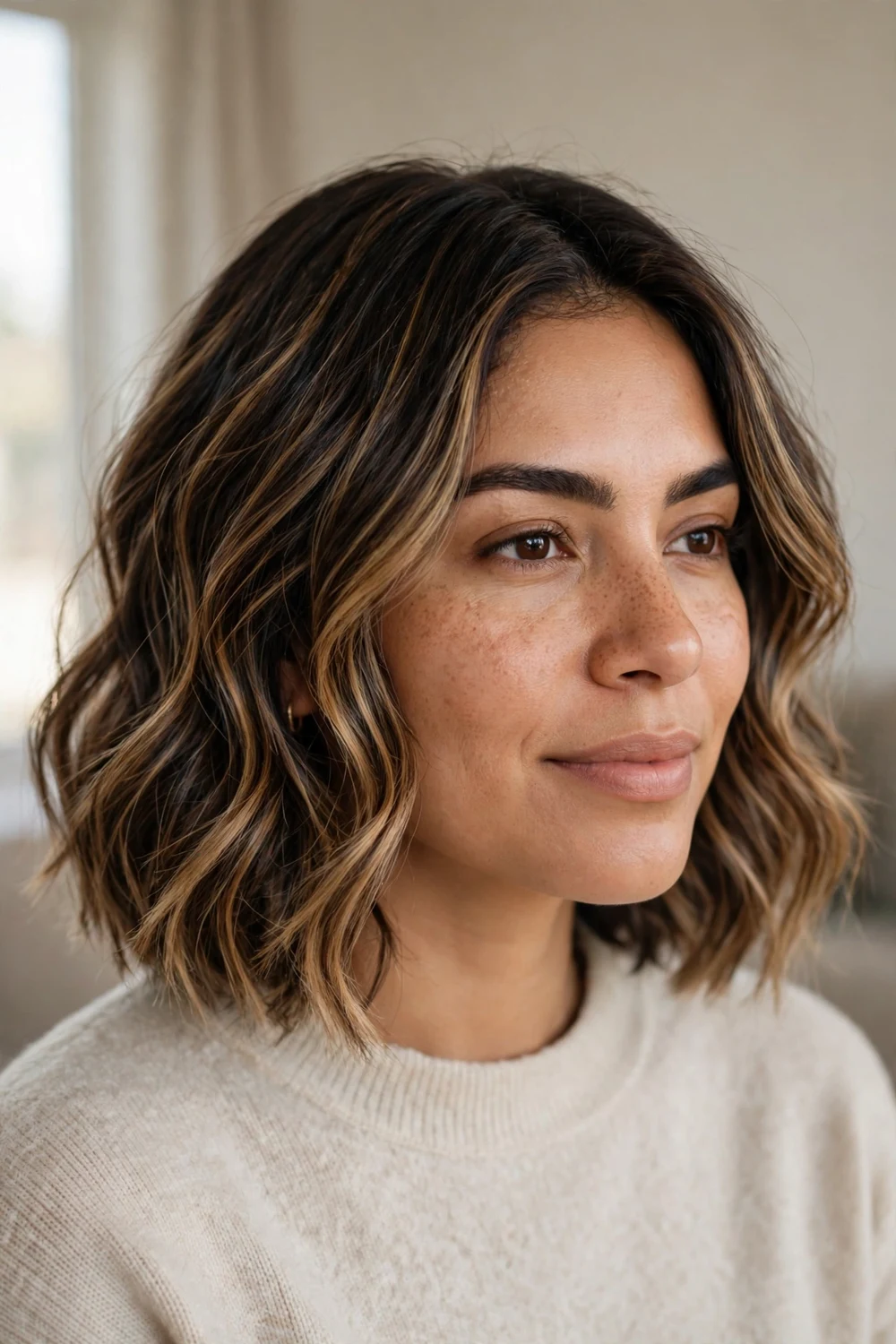 Woman with a balayage wavy bob haircut