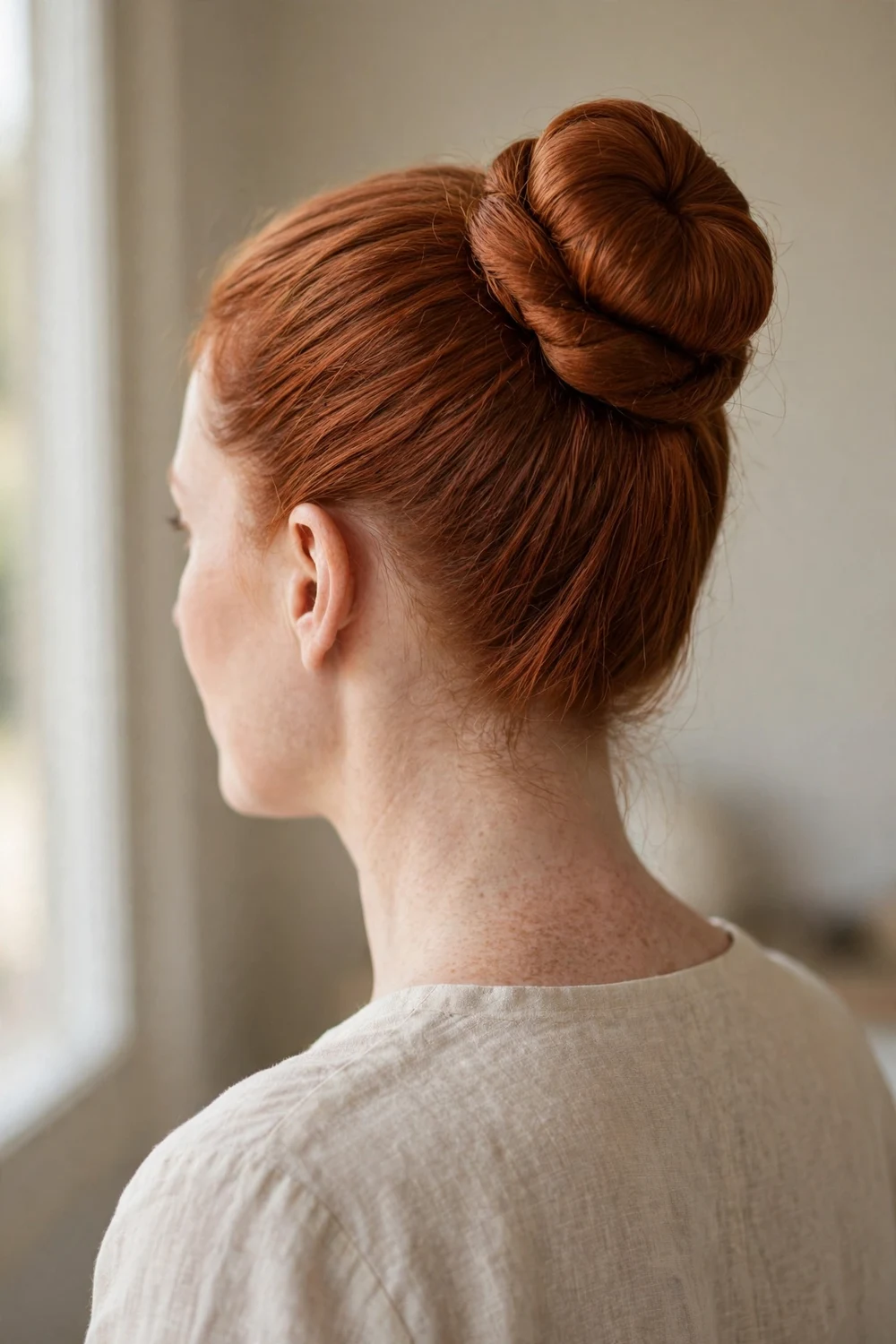 Woman with polished ballerina bun for Christmas long hair