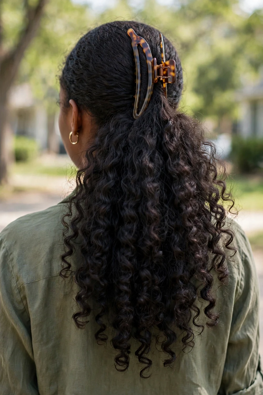 Banana clip creating a voluminous ponytail on long hair