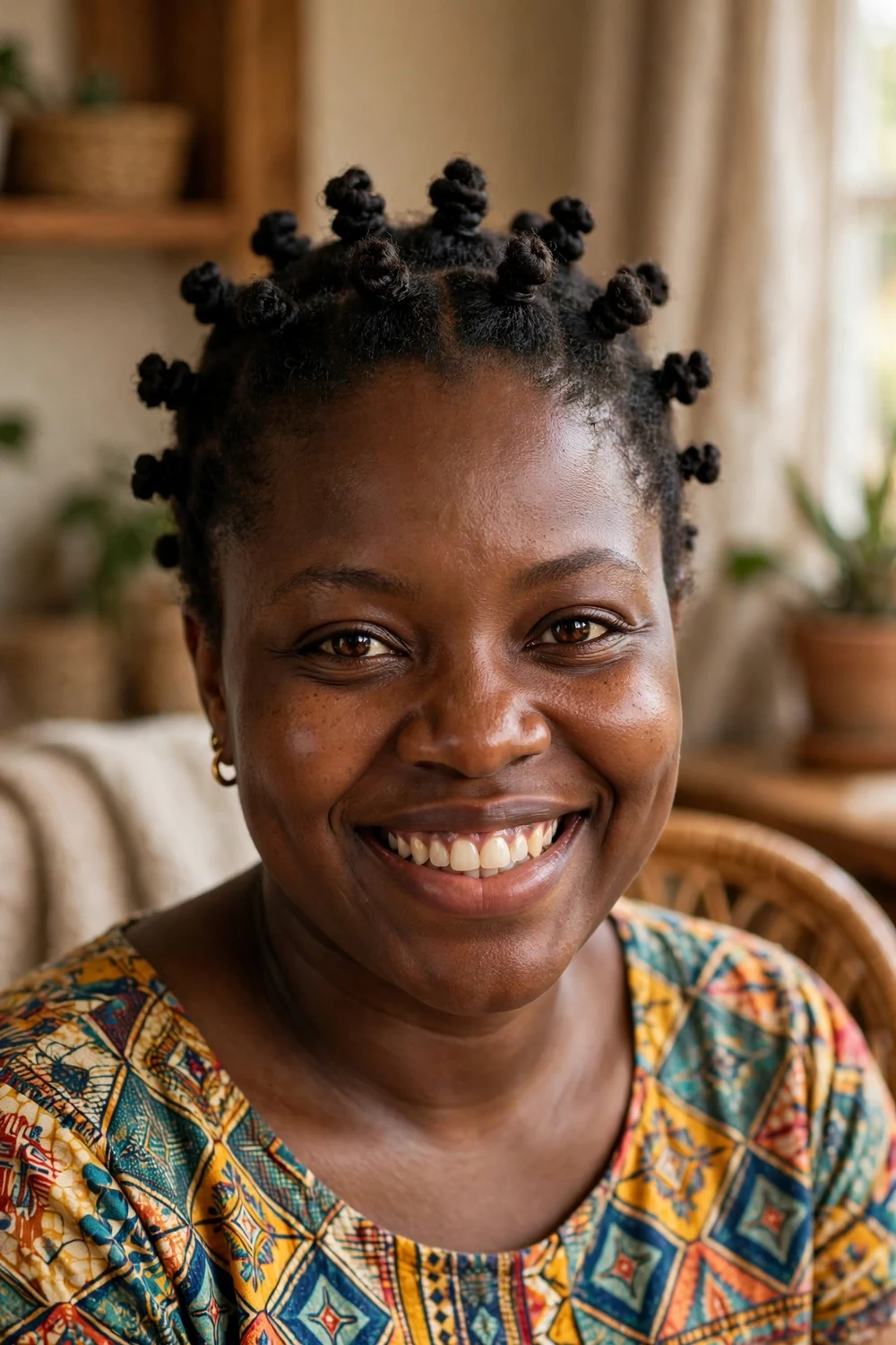 Black woman in her early 30s with mini bantu knots arranged across the crown