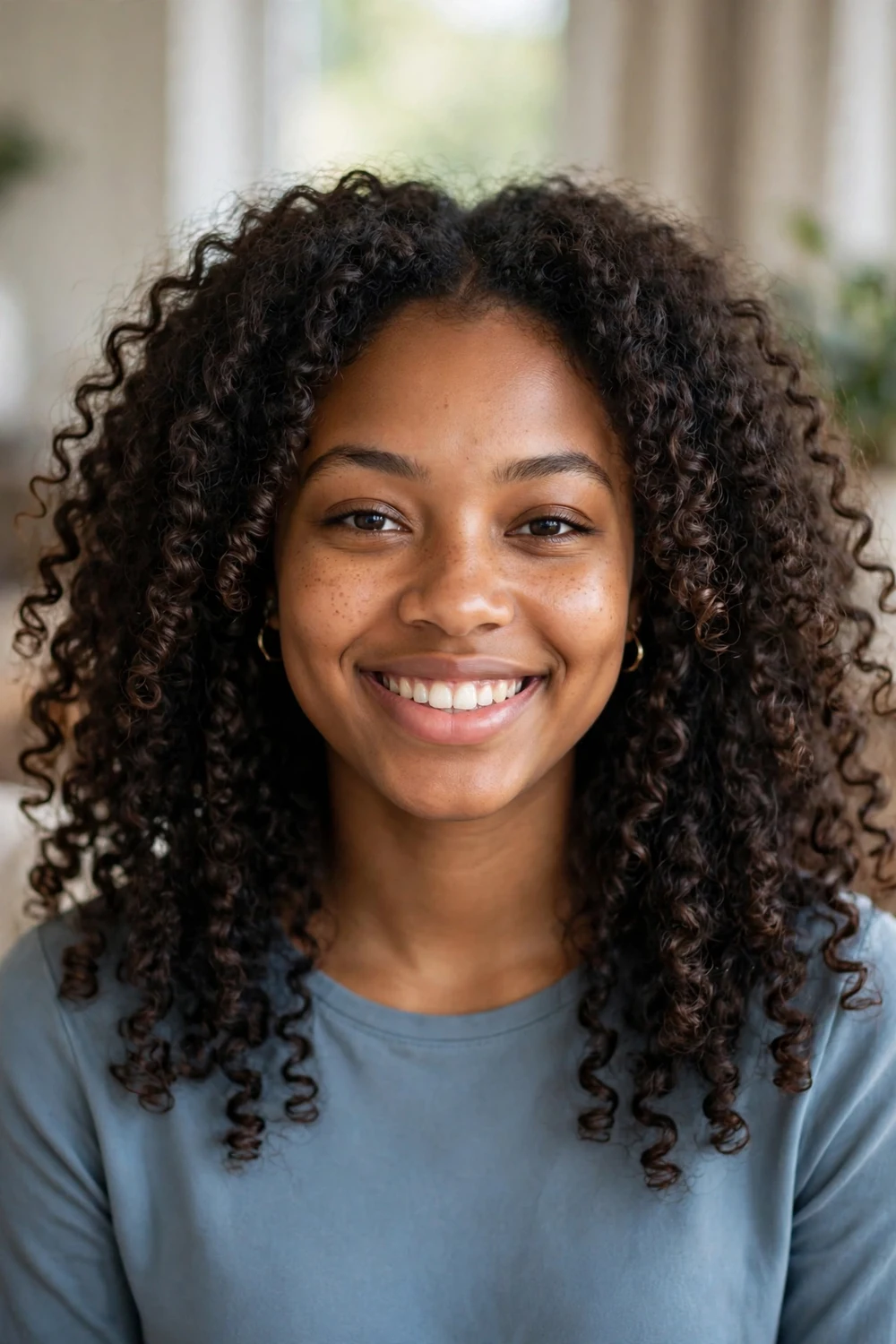 Black woman with a defined bantu knot-out, springy curls at medium length