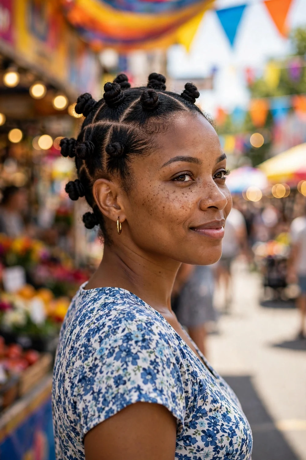 Woman with neat bantu knots arranged across her head