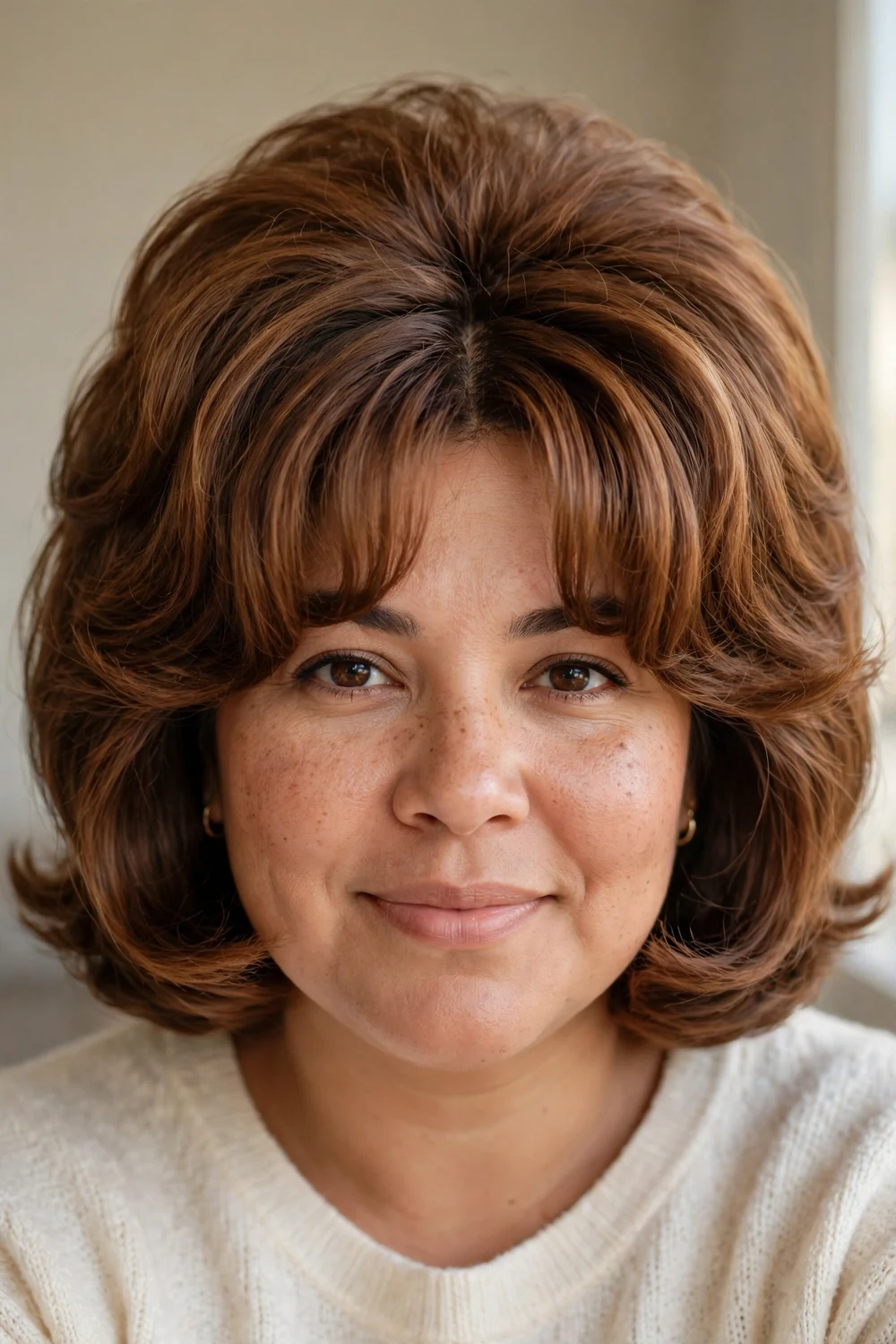 Woman with round face wearing a voluminous bob with Bardot bangs parted in the middle