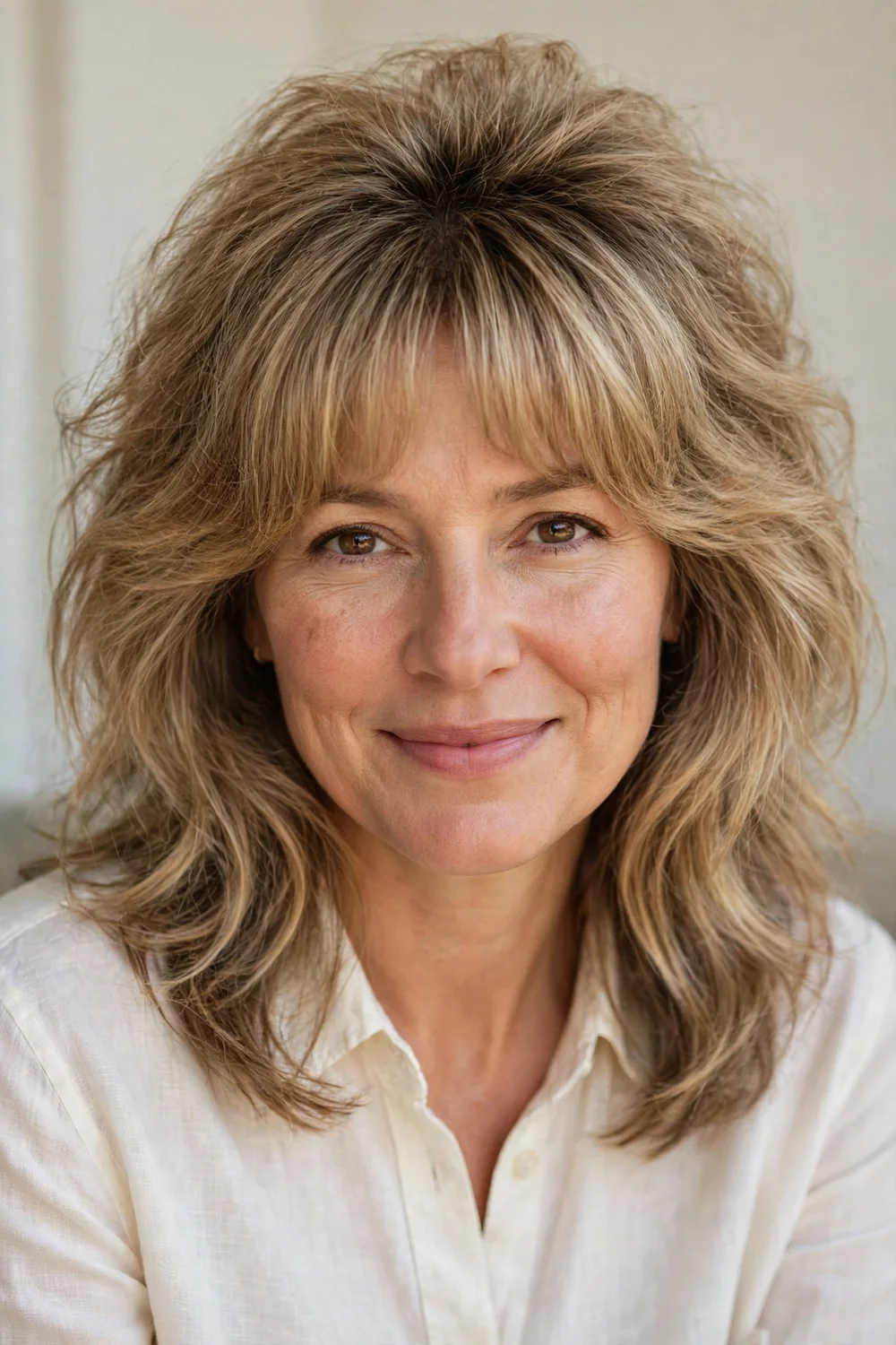 Woman with Bardot style bangs with volume at the crown