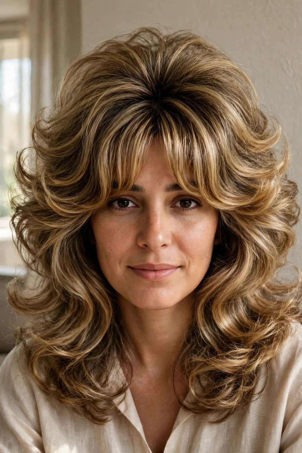 Bardot-inspired curtain bangs with a volume blowout on fine hair