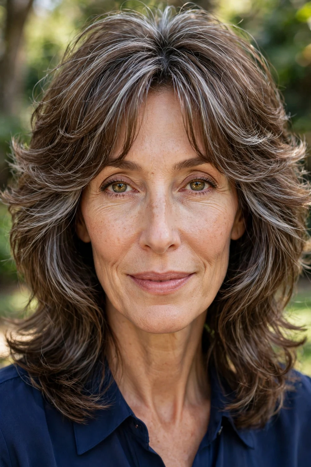 Woman with a long oval face wearing a Bardot-inspired layered cut with a soft curtain fringe