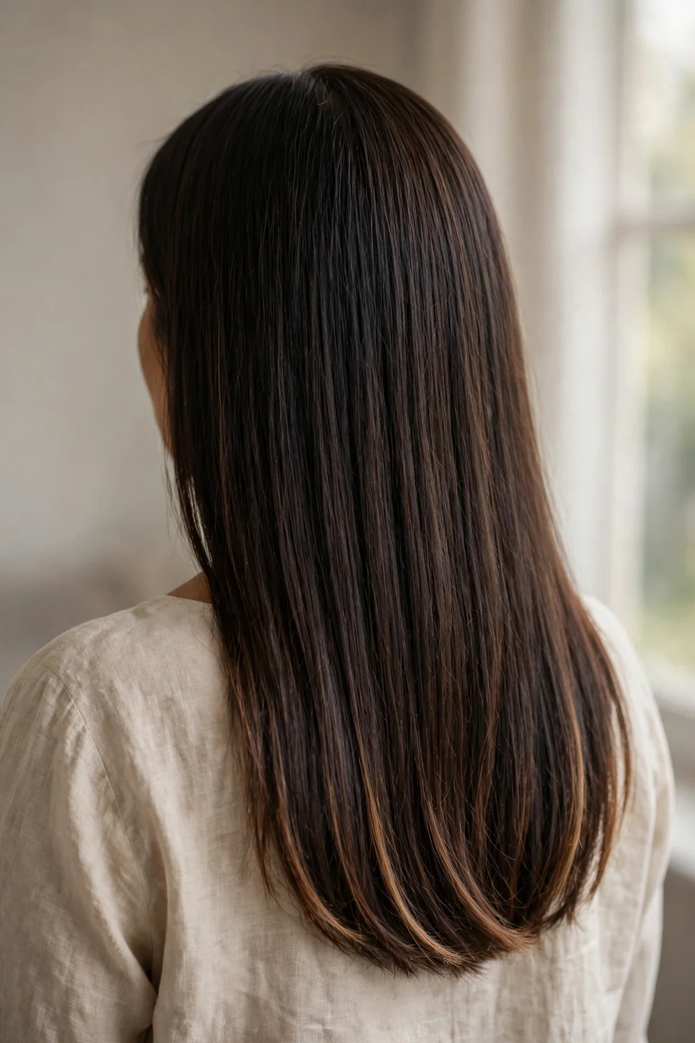 Back view of dark brown long hair with barely-there subtle balayage warmth