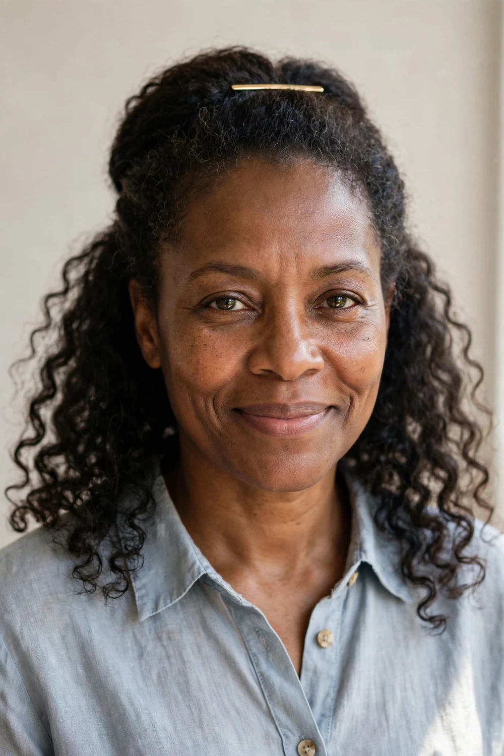 Black woman in her forties with short natural hair styled half-up with a gold barrette