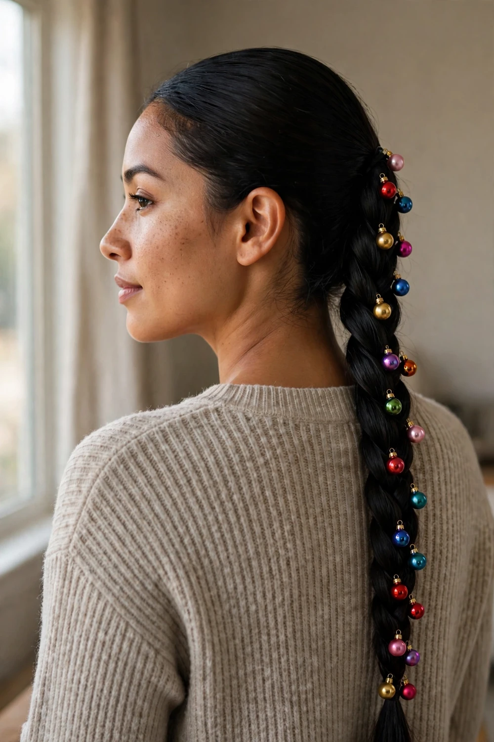 Sleek long braid decorated with tiny colorful miniature bauble clips