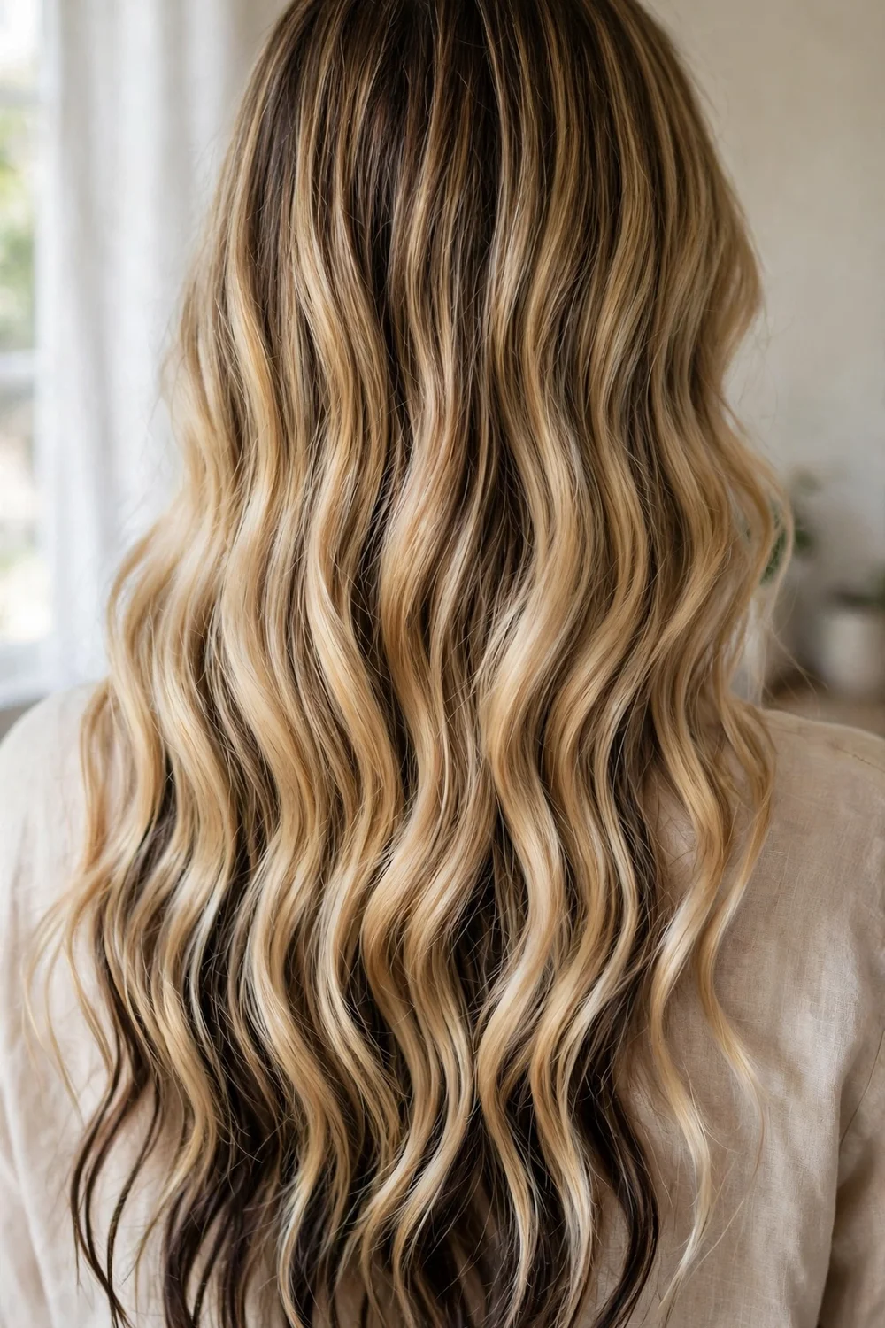 Back view of beach blonde balayage on long wavy hair with dark roots