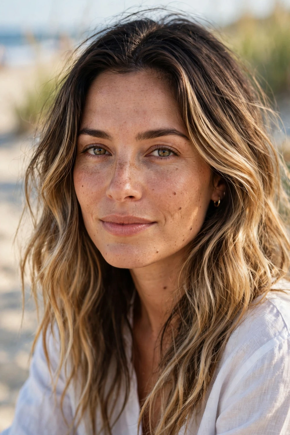 Dark roots fading into sun-kissed bronde tones in wavy hair