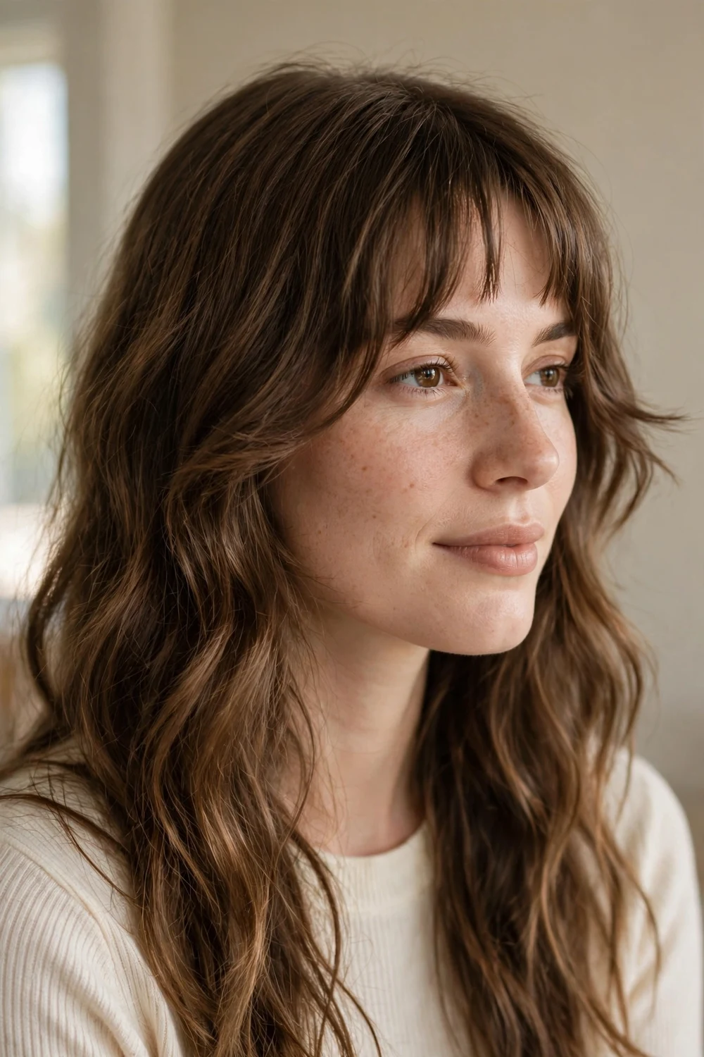 Woman with loose beach waves and bottleneck bangs