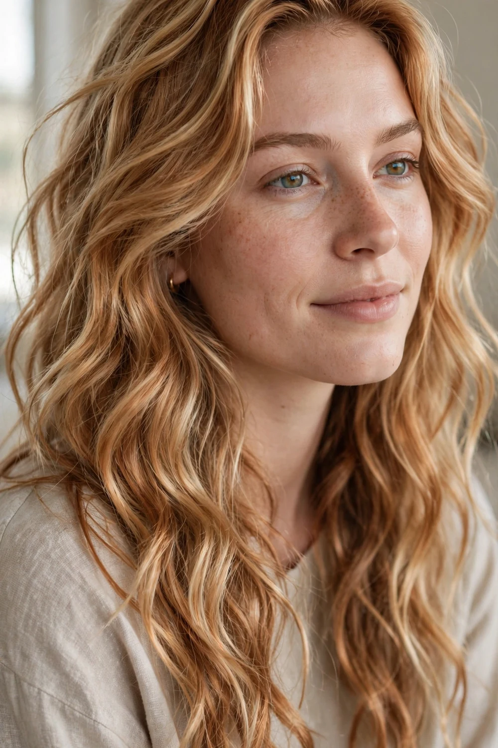 Golden copper beachy waves with tousled blonde texture