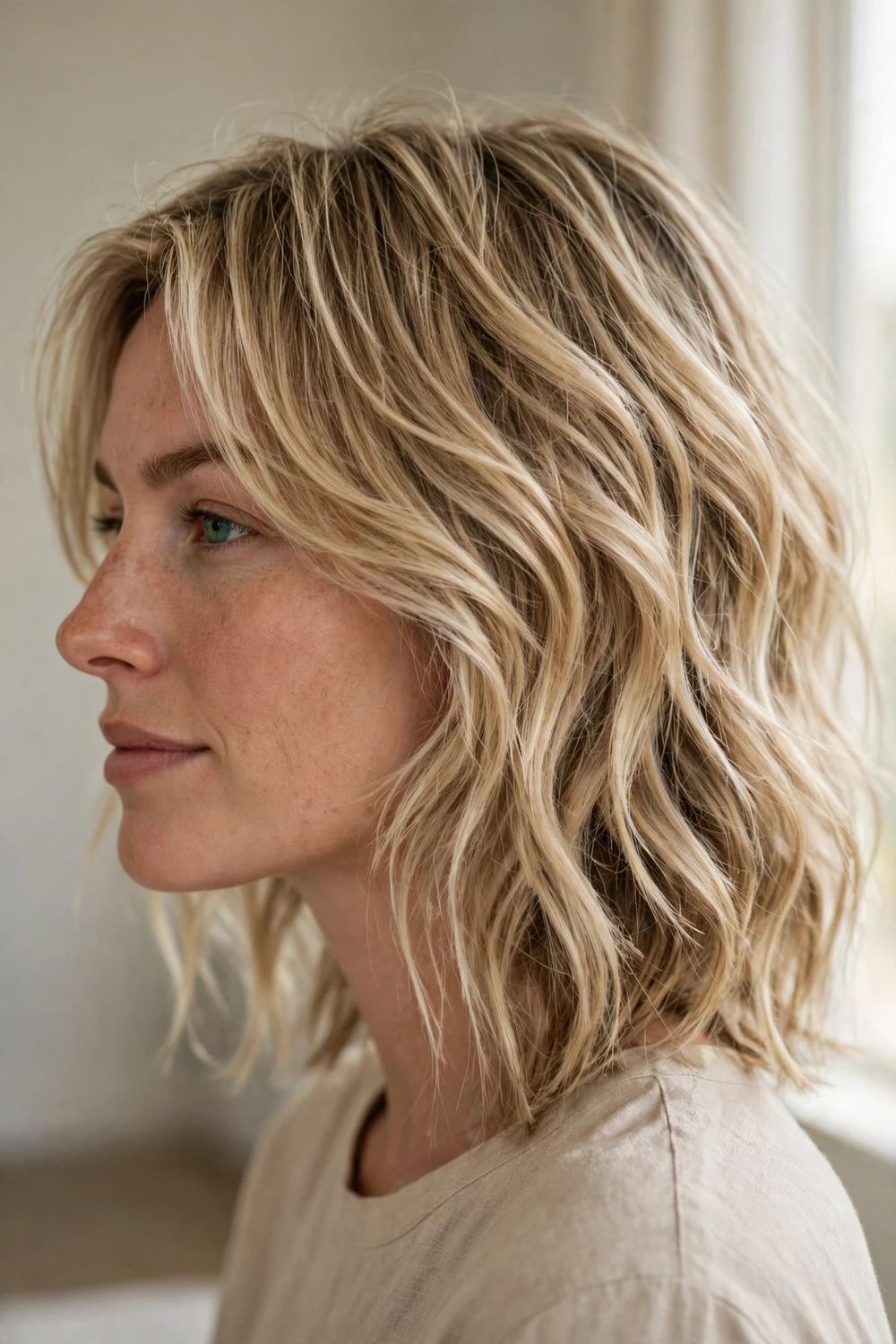 Woman with blonde hair in a beachy layered lob with tousled waves