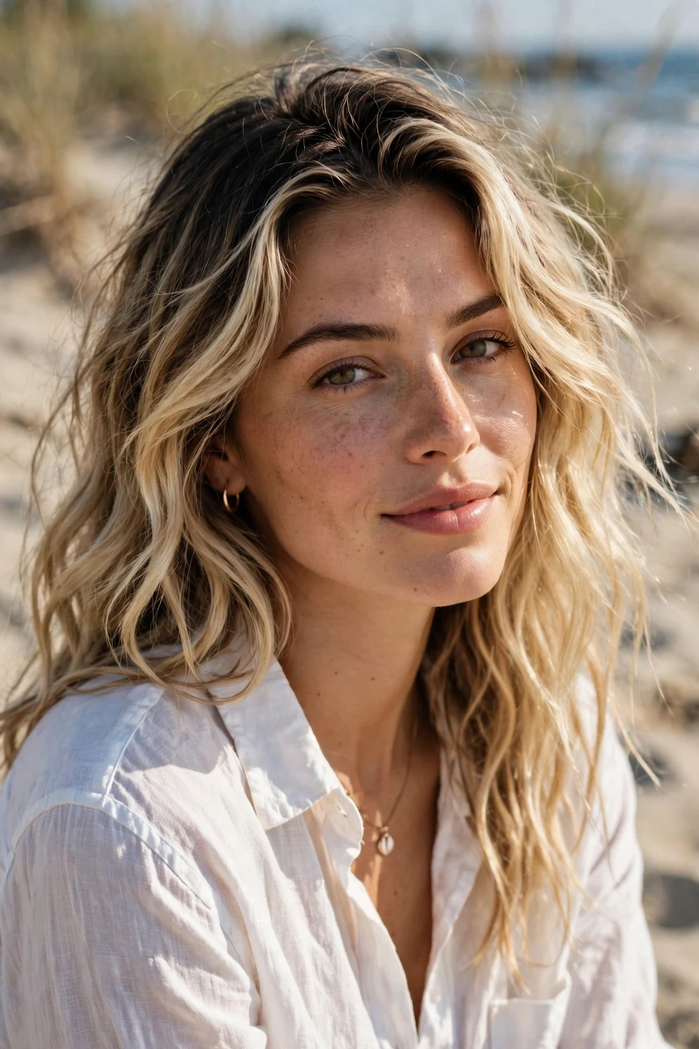 Beachy textured blonde waves with grown-out dark roots