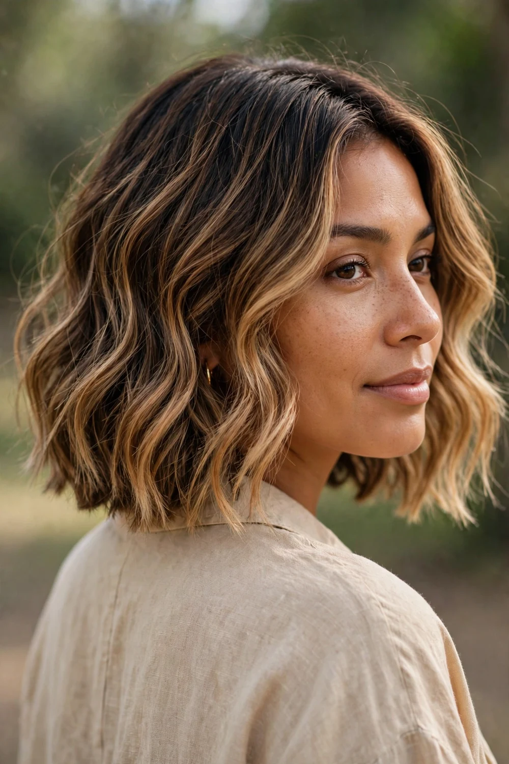 Beachy wave bob with caramel balayage on chin-length hair, over-shoulder view