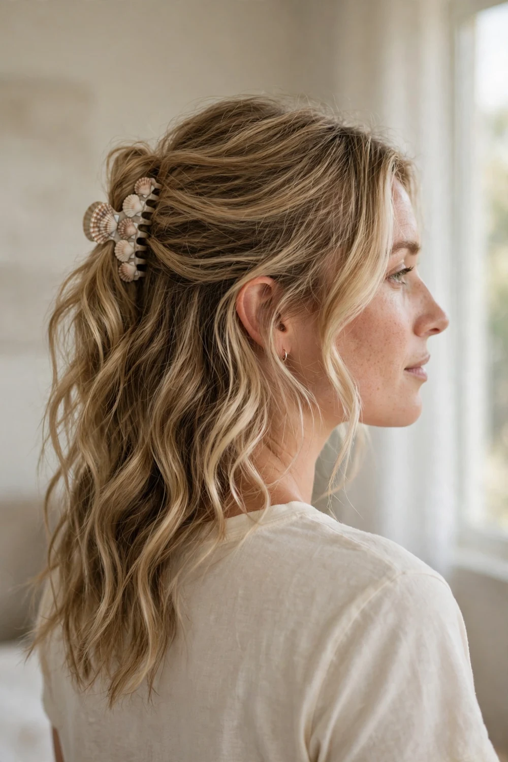 Woman with sandy blonde wavy hair with the back section loosely pinned by a small seashell-patterned claw clip