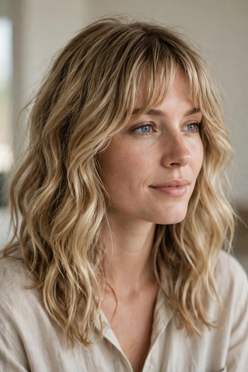 Beachy waves with curtain bangs on fine blonde hair