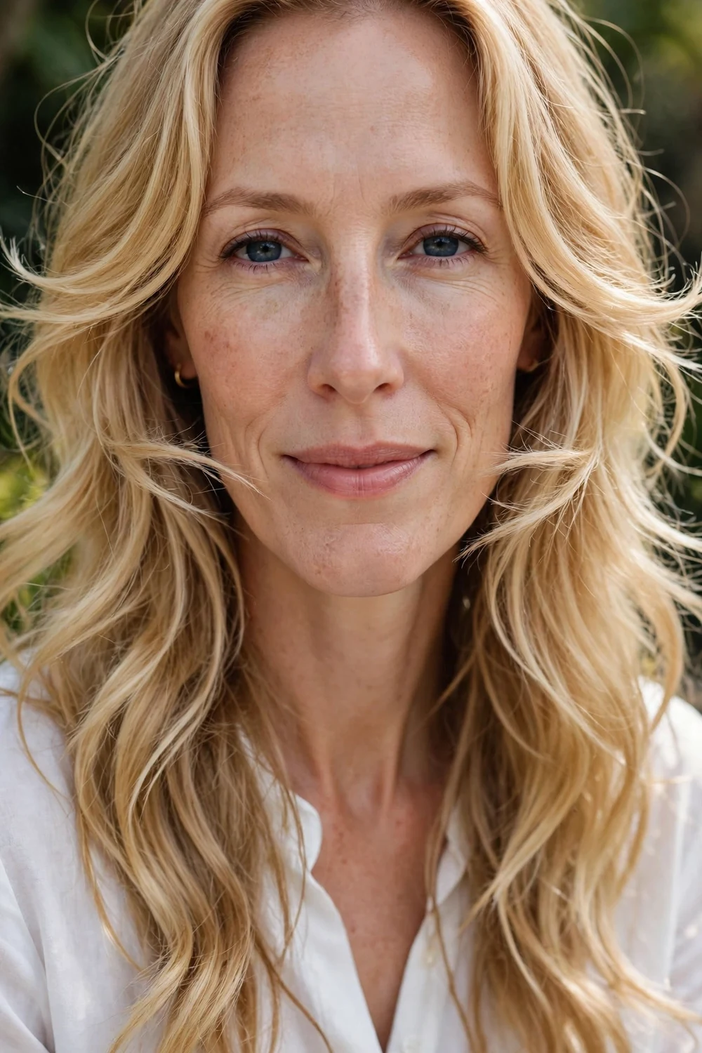 Woman with a long oval face wearing long beachy waves with feathered layers flicking outward at the jaw