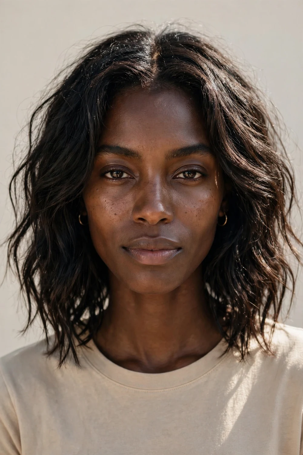 Black woman in her late twenties with an oblong face and shoulder-length loose beachy waves