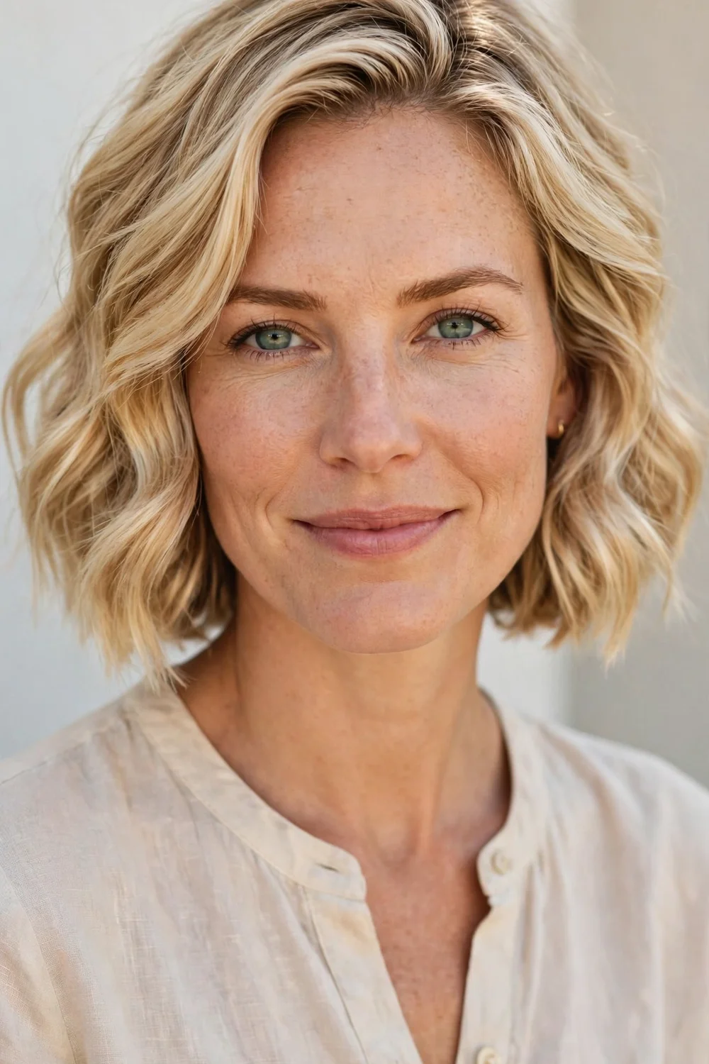 Woman with a blonde beachy wavy bob