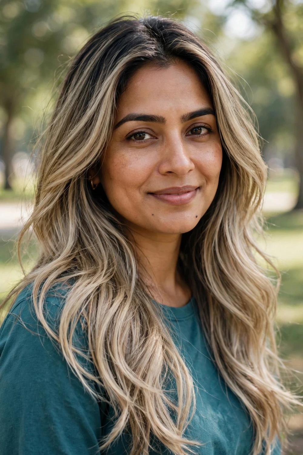 South Asian woman in her early 30s with very long layered dirty blonde hair painted with neutral beige balayage highlights