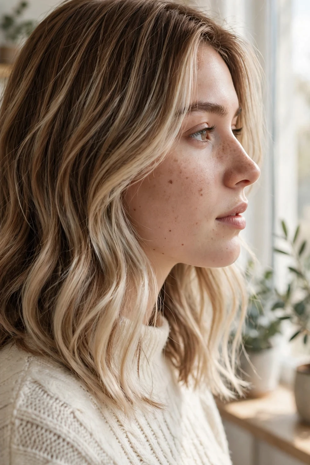 Woman with beige blonde balayage on brown hair, neutral sandy-toned blonde pieces