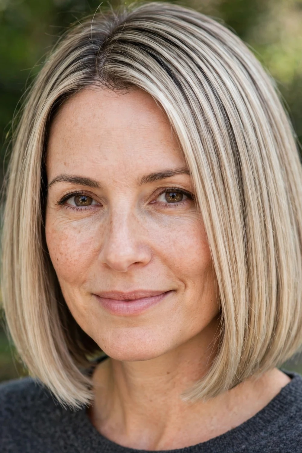 Woman with a beige blonde Italian bob haircut with cool dimensional blonde