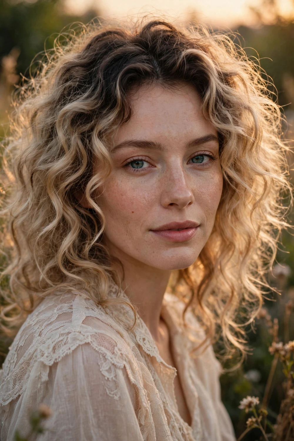 Beige blonde curls with softly smudged dark roots