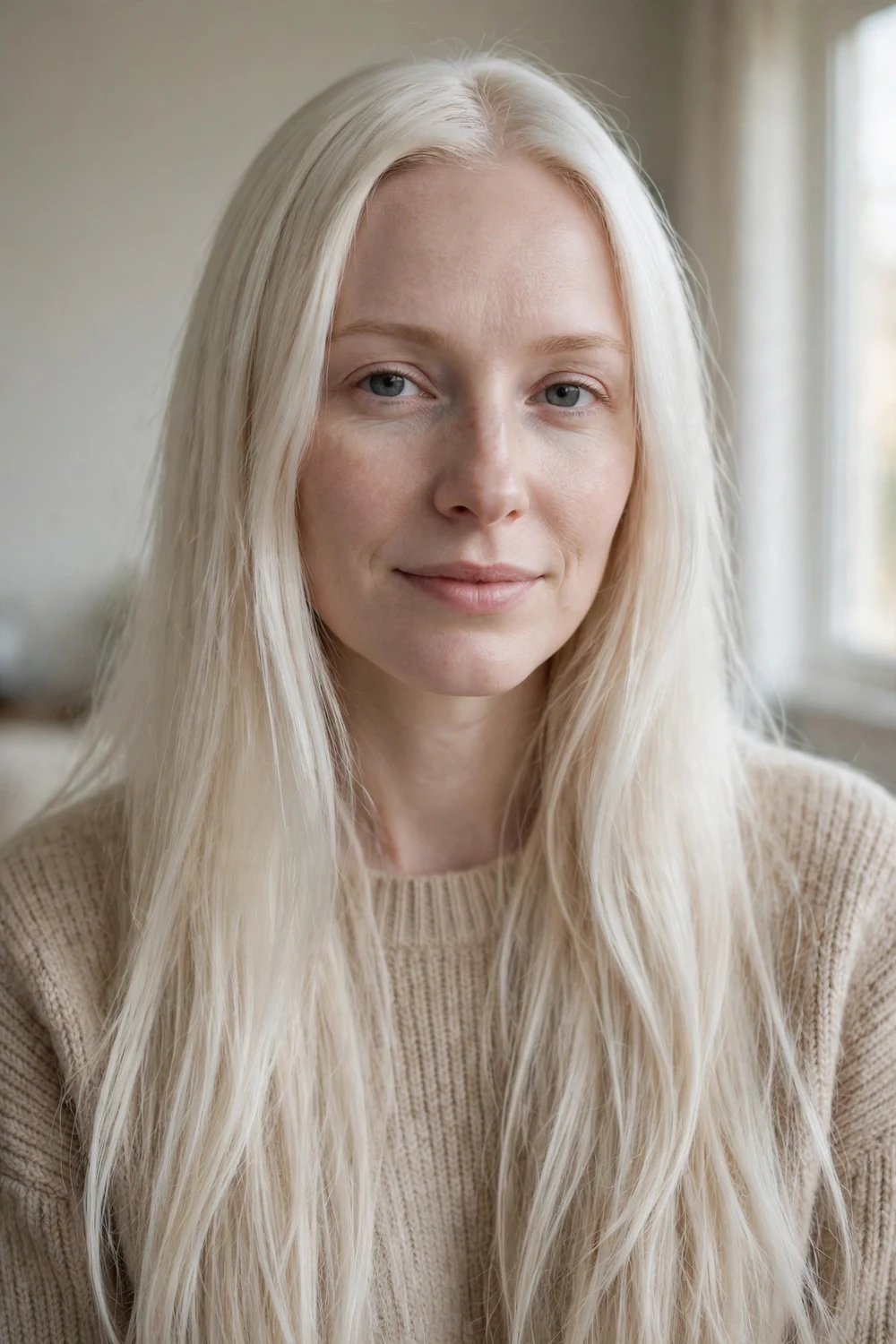 Woman with pale skin and long platinum blonde hair
