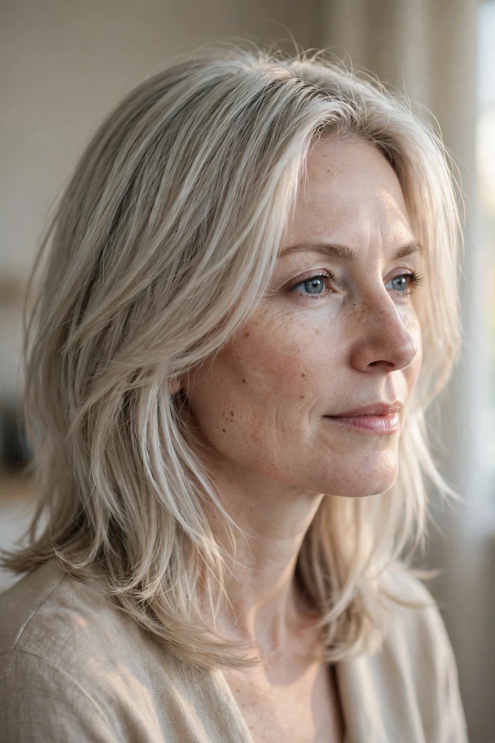 Woman with pale skin and ash blonde layered hair