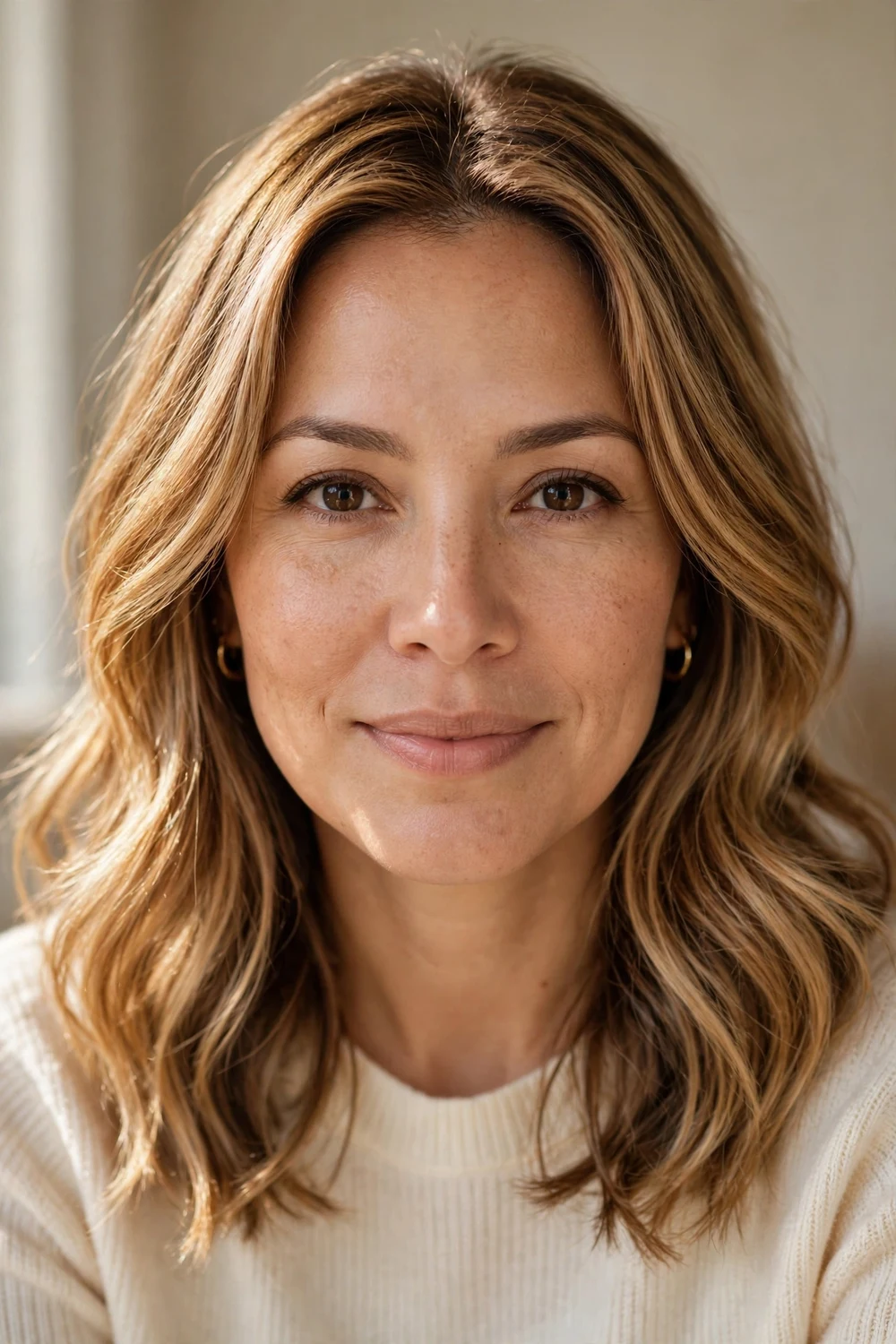 Woman with caramel blonde highlighted hair