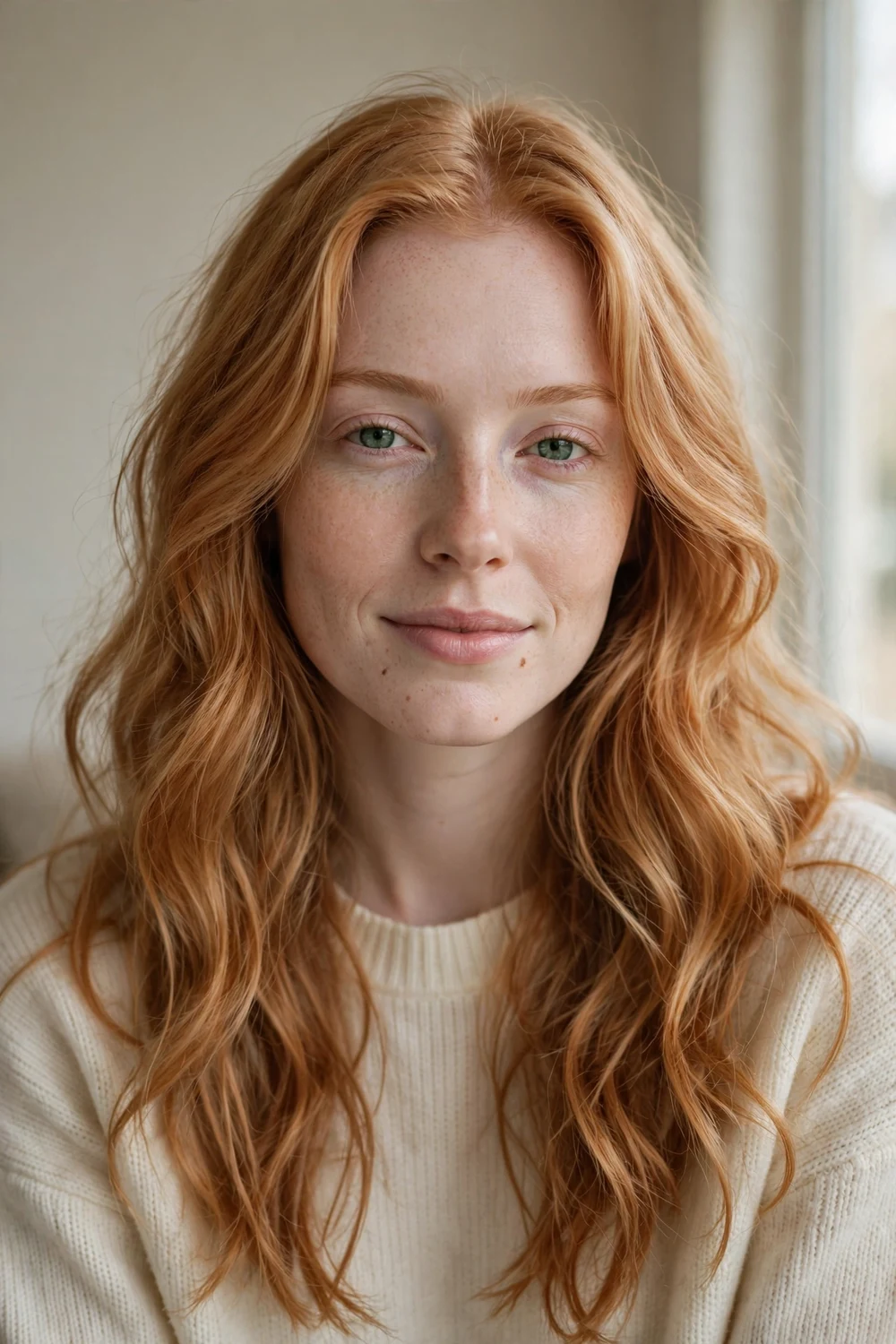 Pale woman with freckles and strawberry blonde wavy hair