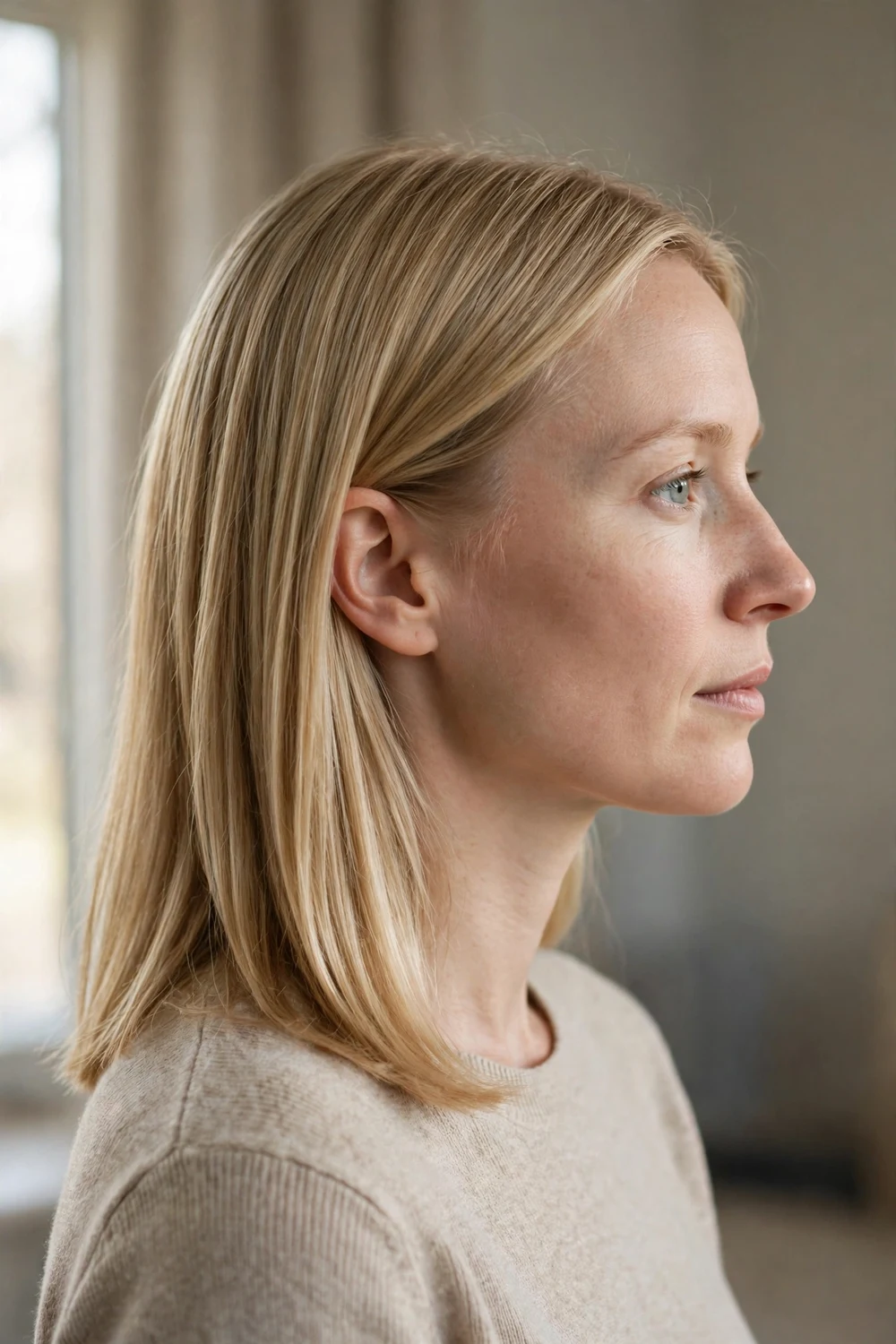 Woman with sandy blonde straight hair in side profile